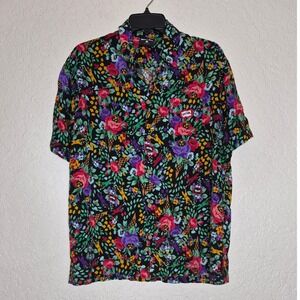 Icecream Mens Floral Ice Cream Cone Running Dog Rayon Button Down Shirt Black M